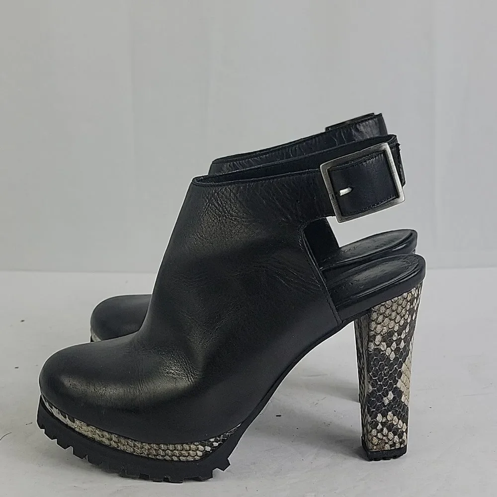 AllSaints Sarris Black White Snakeprint Platform Slingback Booties